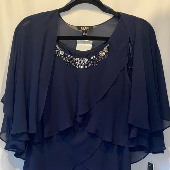 💙 SLNY SL Fashion New York Embellished Navy Tiered Chiffon Dress & Capelet  NWT - Picture 4 of 10